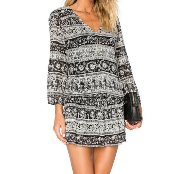 Joie Mini Dress Extra Small Black VNeck Boho Cotton Gauze Blouson Elephant Print - Picture 1 of 5